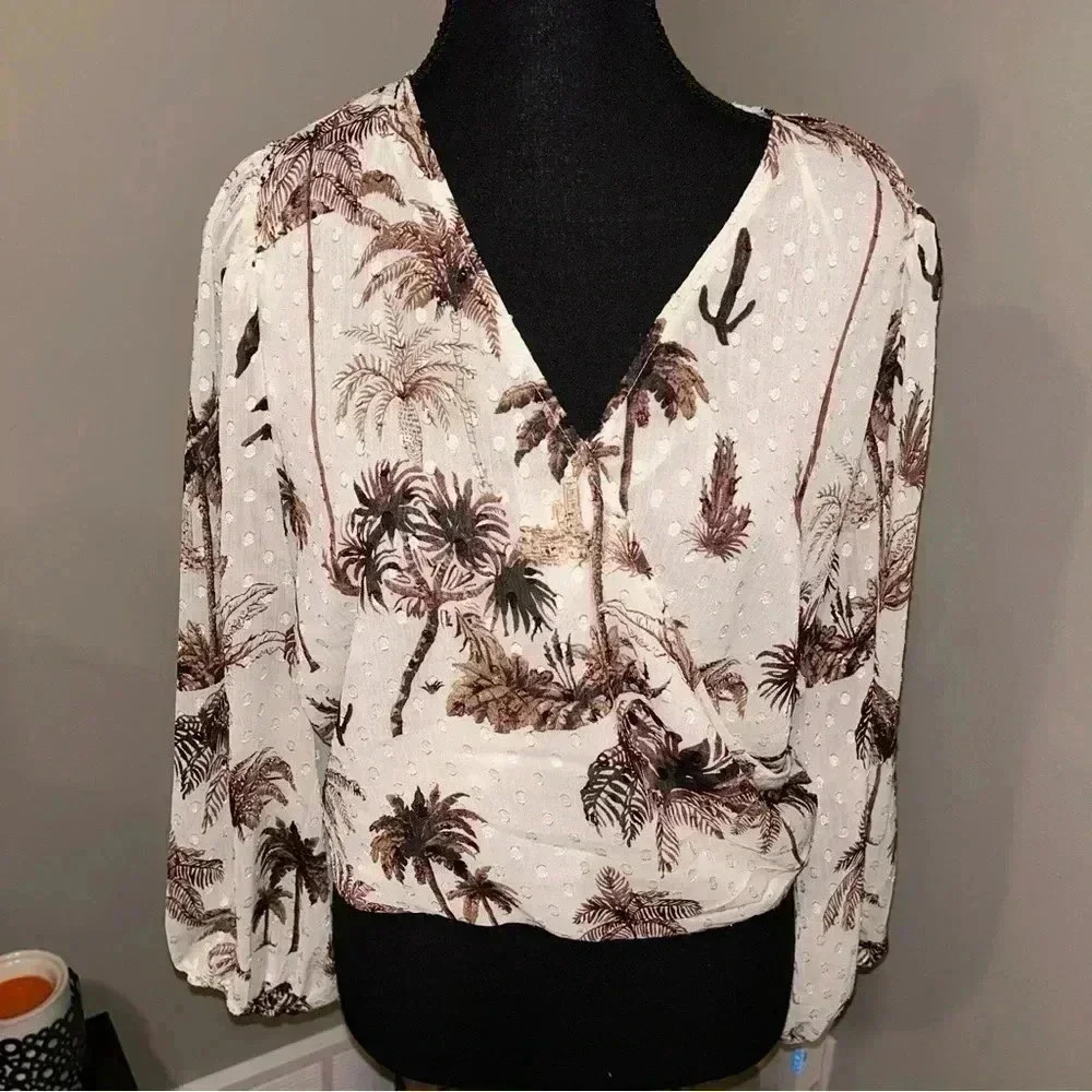 Joie  - Palm Desert Cactus Print Faux Wrap Blouson Sleeve Blouse